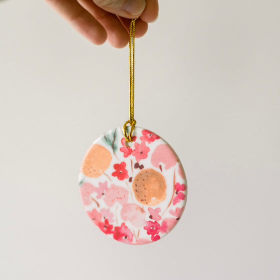 Rosy Flower Fields - Round Ceramic Ornament